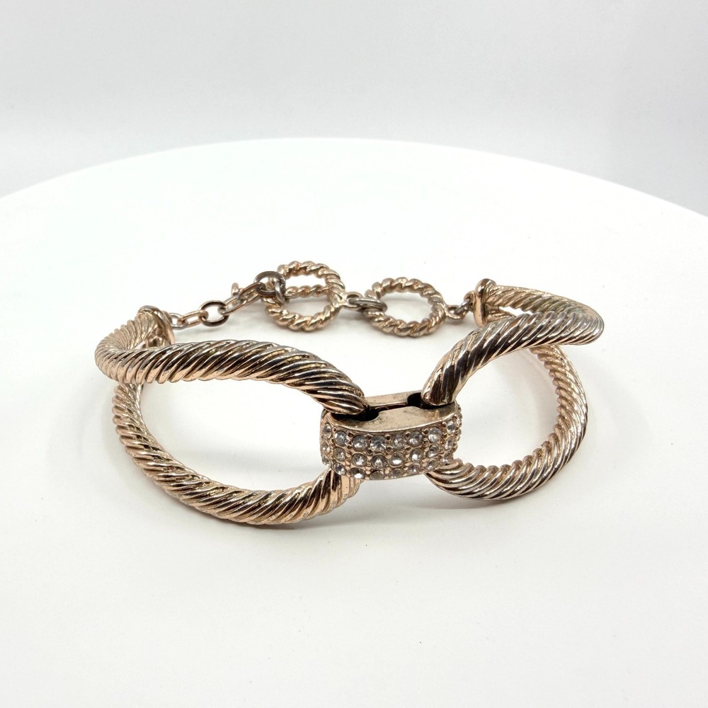 Vintage Gold Tone Cable Twist Cuff Bracelet Rhinestone Infinity Toggle 7in